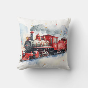 Red Locomotive In Winter Cushion