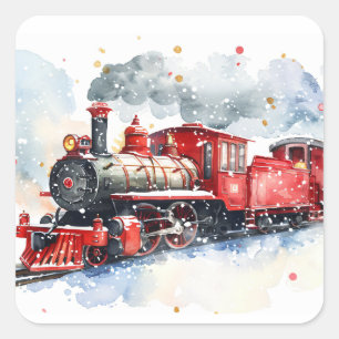 Red Locomotive In Winter Square Sticker