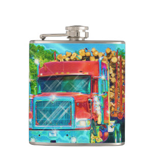 Red Logging Truck Highway Driving Art Truckers Hip Flask