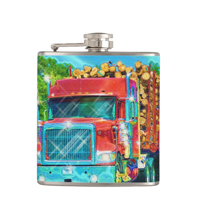 Red Logging Truck Highway Driving Art Truckers Hip Flask (Front)
