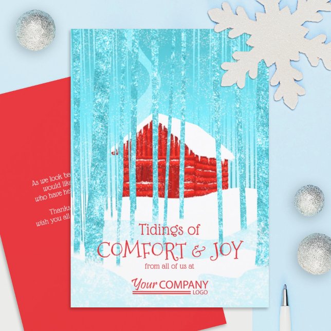 Red Logo Company Business Holiday Christmas Card (red, turquoise cabin red logo company holiday greeting card, forest trees Christmas cards )