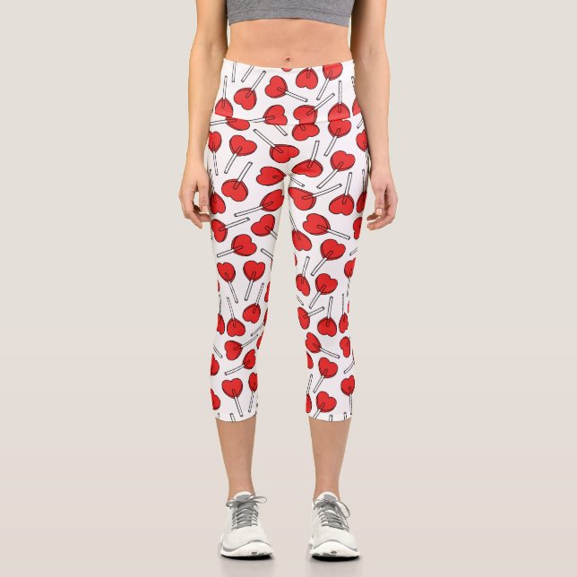 Red Lollipops, Heart Lollipops, Lollipop Pattern Capri Leggings (Front)