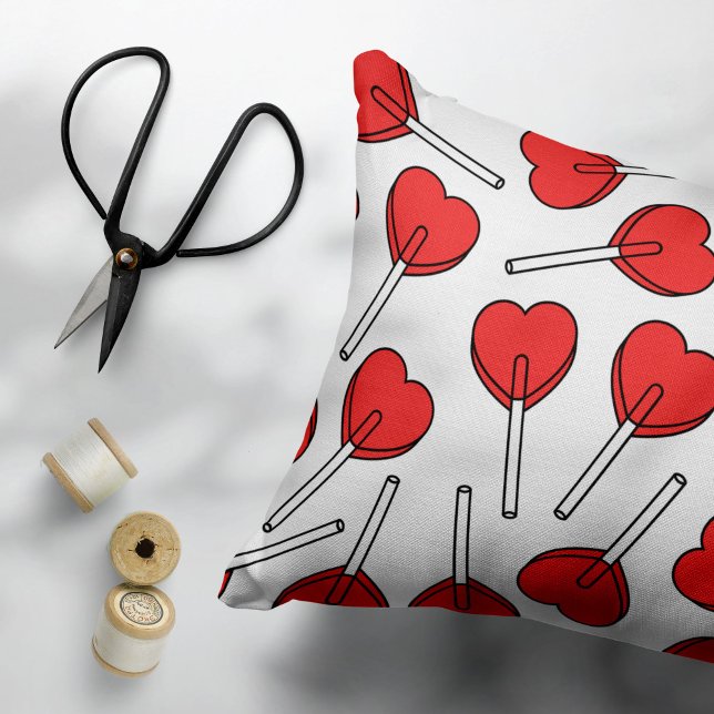 Red Lollipops, Heart Lollipops, Lollipop Pattern Decorative Cushion (Creator Uploaded)