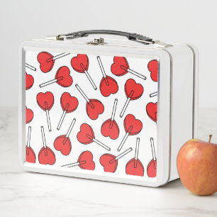 Red Lollipops, Heart Lollipops, Lollipop Pattern Metal Lunch Box