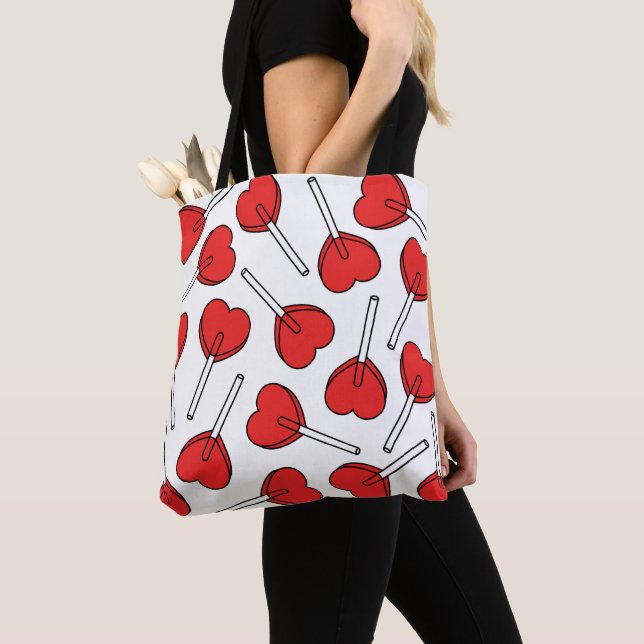 Red Lollipops, Heart Lollipops, Lollipop Pattern Tote Bag (Close Up)