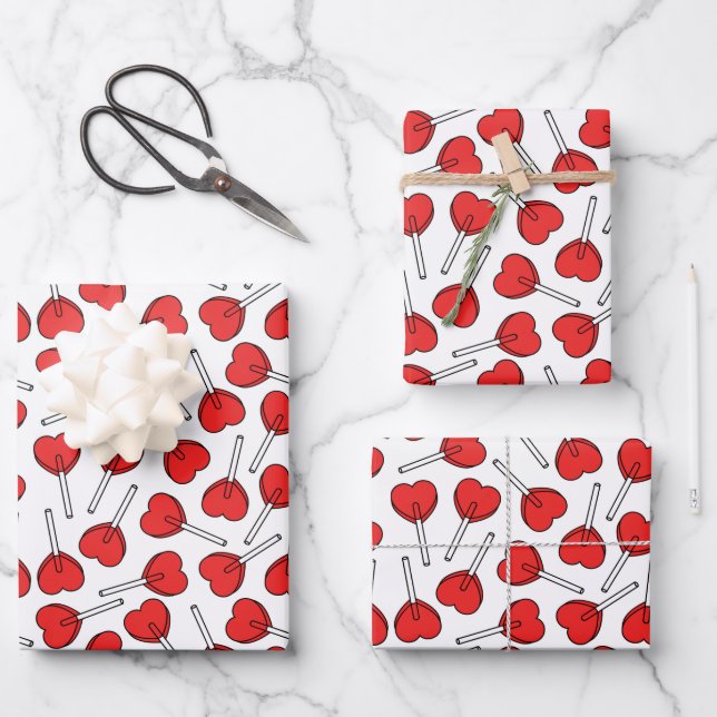 Red Lollipops, Heart Lollipops, Lollipop Pattern Wrapping Paper Sheet (Front)