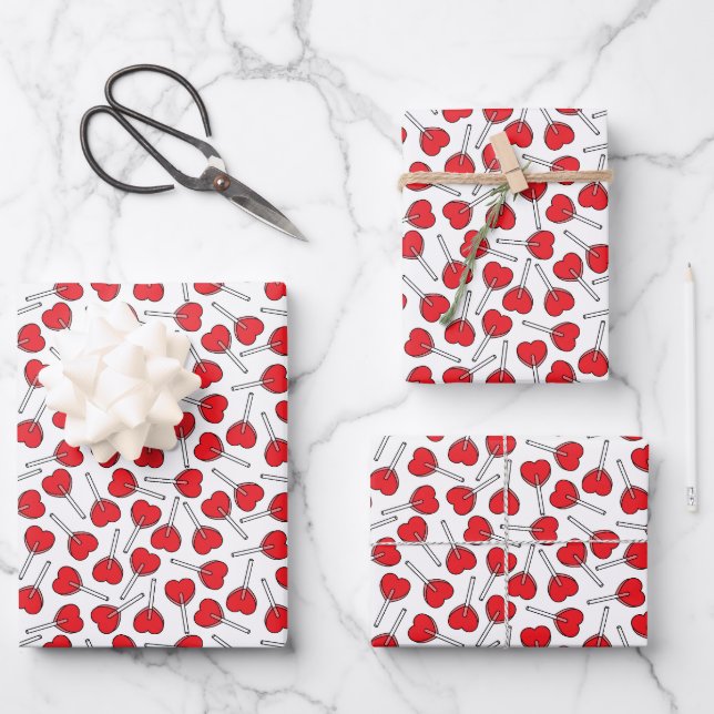 Red Lollipops, Heart Lollipops, Lollipop Pattern Wrapping Paper Sheet (Front)