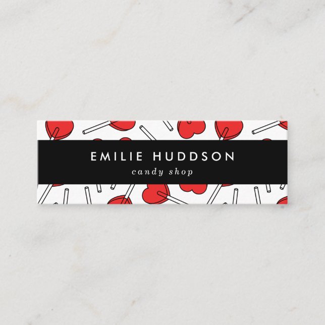 Red Lollipops, Heart Lollipops, Lolly, Candy Shop Mini Business Card (Front)
