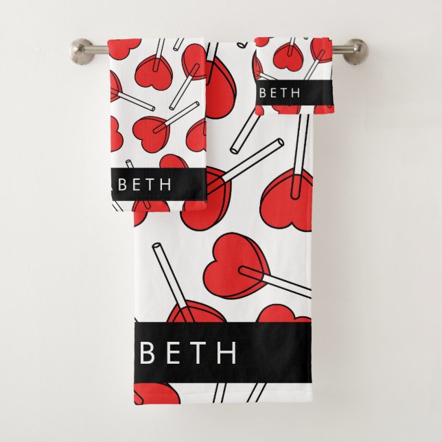 Red Lollipops, Heart Lollipops, Lolly, Your Name Bath Towel Set (Insitu)