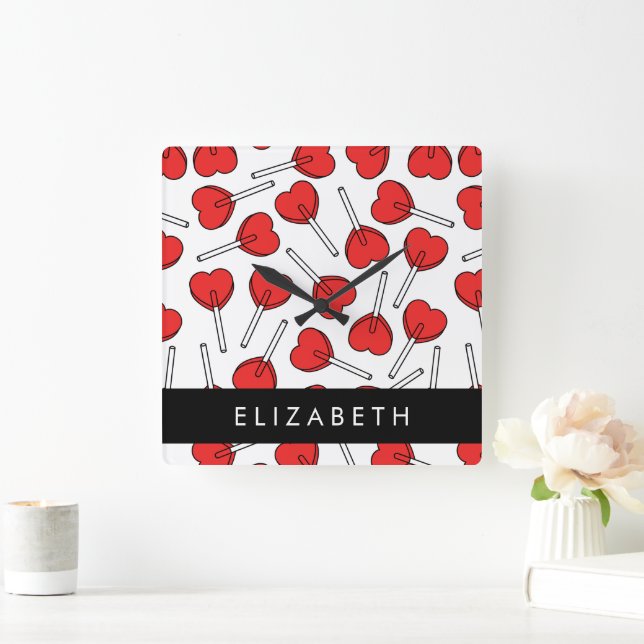 Red Lollipops, Heart Lollipops, Lolly, Your Name Square Wall Clock (Home)
