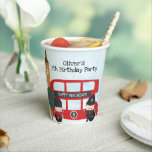 Red London Bus and Clock Tower Kids Birthday Party Paper Cups<br><div class="desc">These cute London themed birthday party paper cups feature a red double decker London bus and other cute accents. There is a blue watercolor abstract background with images of fireworks and London skyline. The red bus has a "Happy Birthday!" banner which is editable and the bus number can be customised...</div>
