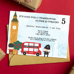 Red London Bus & Clock Tower Kids Birthday Invitation<br><div class="desc">This is a cute London themed birthday invitation with a clock tower, red double decker London bus and other cute accents. There is a blue watercolor abstract background with images of fireworks and a ferris wheel in white. The age on the upper right corner is customisable. The red bus has...</div>