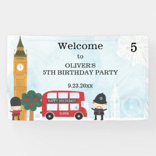 Red London Bus & Clock Tower Kids Birthday Party Banner