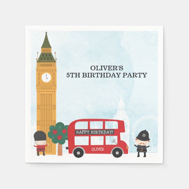 Red London Bus & Clock Tower Kids Birthday Party Napkin (Front)