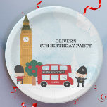 Red London Bus & Clock Tower Kids Birthday Party Paper Plate<br><div class="desc">This is a cute London themed birthday party plates with a clock tower, red double decker London bus and other cute accents. There is a blue watercolor abstract background with images of fireworks and a ferris wheel in white. The red bus has a "Happy Birthday!" banner and can be customised...</div>