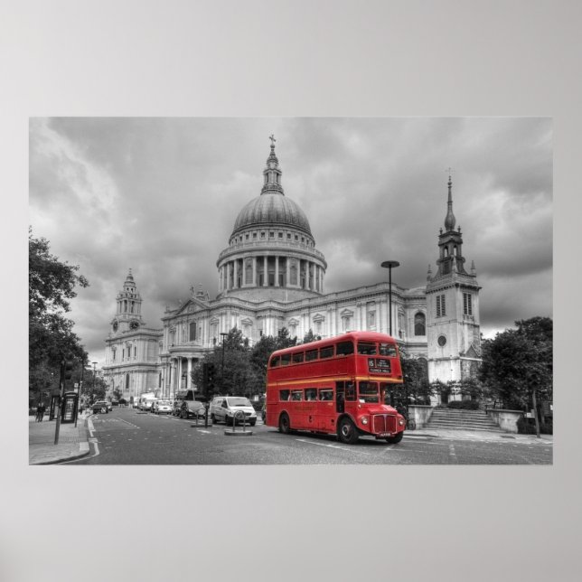 Red London bus in the City of London Poster (Front)