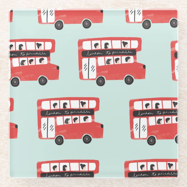Red London Bus Vintage Pattern Glass Coaster (Front)