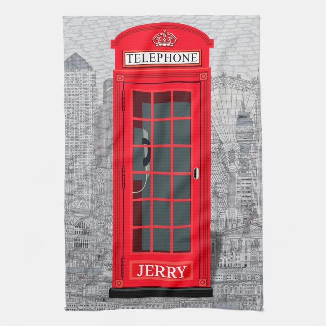 Red London Phone Booth Skyline Tea Towel (Vertical)