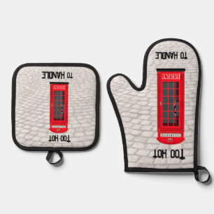 Red London Phone Booth with Custom Name & Caption Oven Mitt & Pot Holder Set