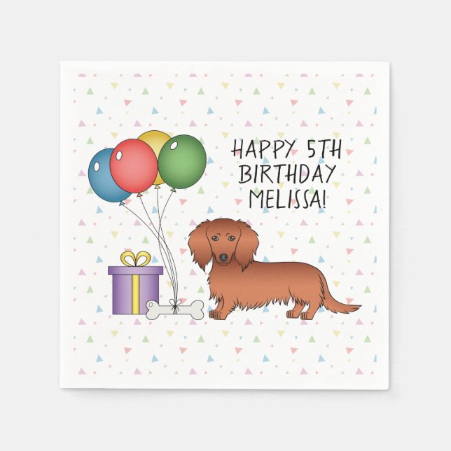 Red Long Hair Dachshund Cartoon Dog Happy Birthday Napkin (Front)
