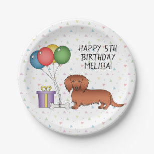 Red Long Hair Dachshund Cartoon Dog Happy Birthday Paper Plate