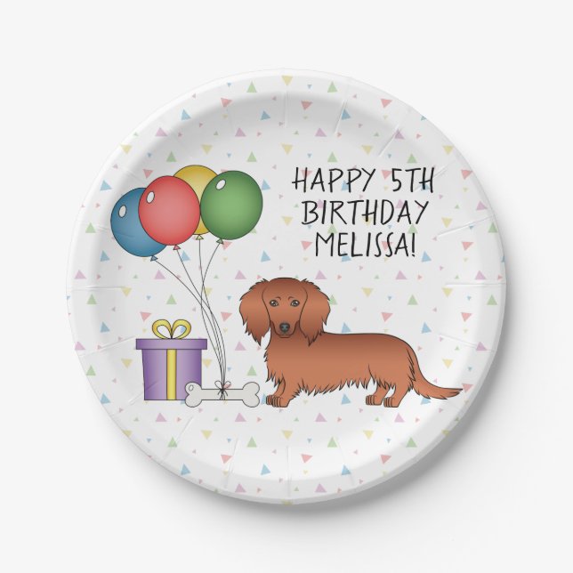 Red Long Hair Dachshund Cartoon Dog Happy Birthday Paper Plate (Front)