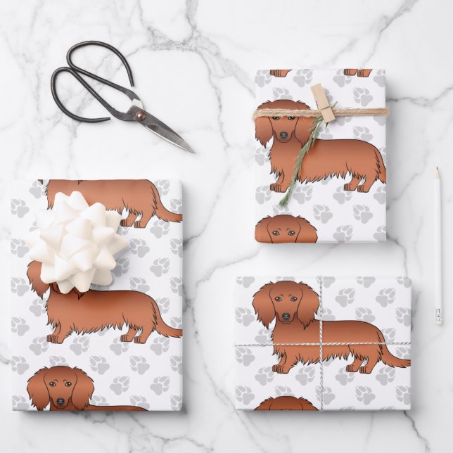 Red Long Hair Dachshund Cartoon Dog Pattern & Paws Wrapping Paper Sheet (Front)
