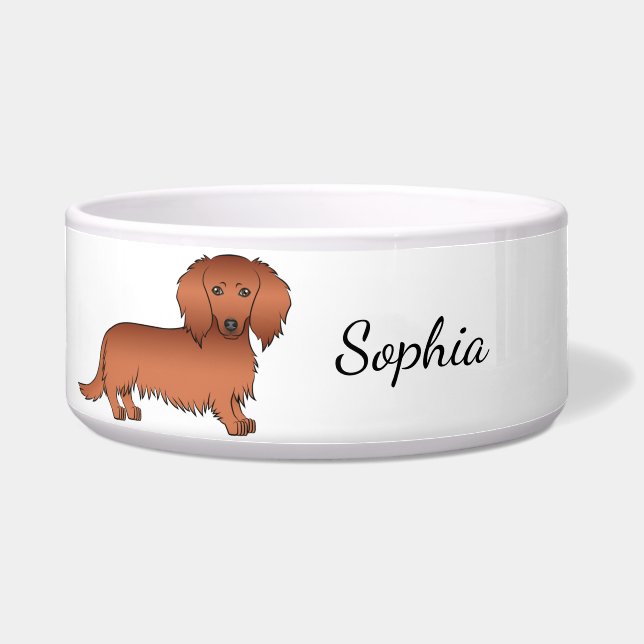 Red Long Hair Dachshund Cute Cartoon Dog & Name (Front)