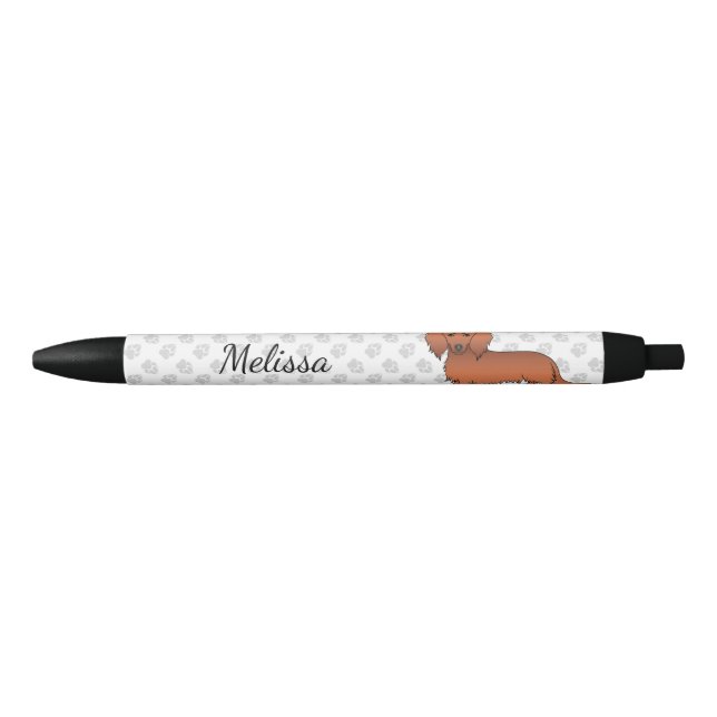 Red Long Hair Dachshund Cute Cartoon Dog & Name Black Ink Pen (Front)