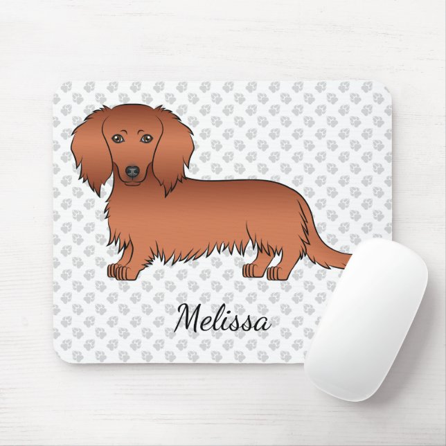 Red Long Hair Dachshund Cute Cartoon Dog & Name Mouse Mat (With Mouse)