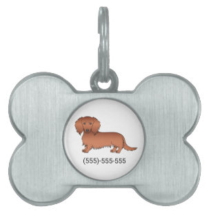 Red Long Hair Dachshund Cute Cartoon Dog & Number Pet ID Tag