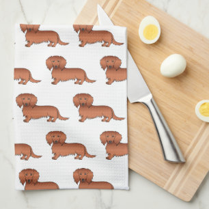Red Long Hair Dachshund Cute Cartoon Dog Pattern Tea Towel