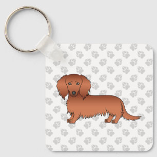 Red Long Hair Dachshund Cute Cartoon Dog & Paws Key Ring