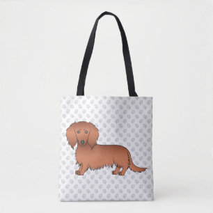Red Long Hair Dachshund Cute Cartoon Dog & Paws Tote Bag