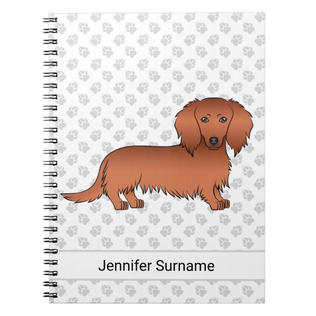 Red Long Hair Dachshund Cute Cartoon Dog & Text Notebook (Front)