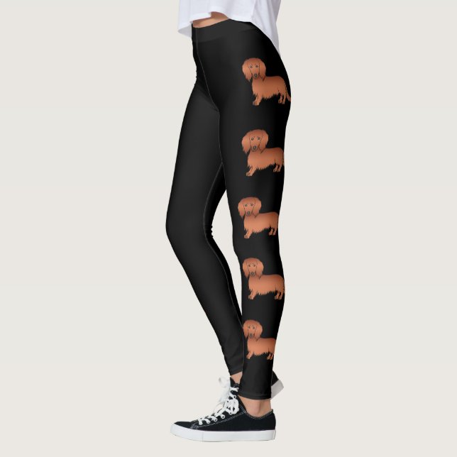 Red Long Hair Dachshund Cute Cartoon Dogs On Black Leggings (Left)