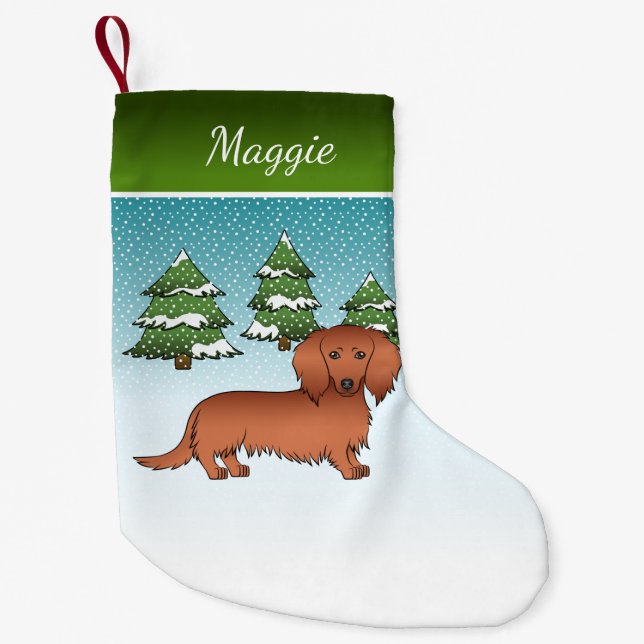 Red Long Hair Dachshund Cute Dog - Winter Forest Small Christmas Stocking (Front)