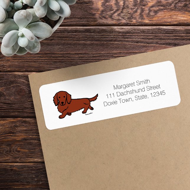Red Long Haired Dachshund 1 (Red Long Haired Dachshund Return Address Label featuring Walking Dachshund.  Cute Cartoon Design.)