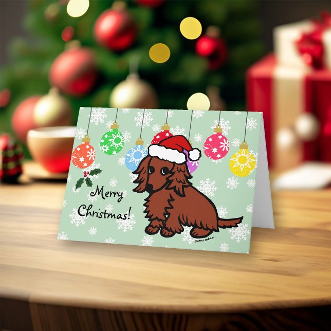Red Long Haired Dachshund Christmas Cute Holiday Card (Red Long Haired Dachshund Christmas Cards for Dachshund Owners.  Cute Cartoon Style.)