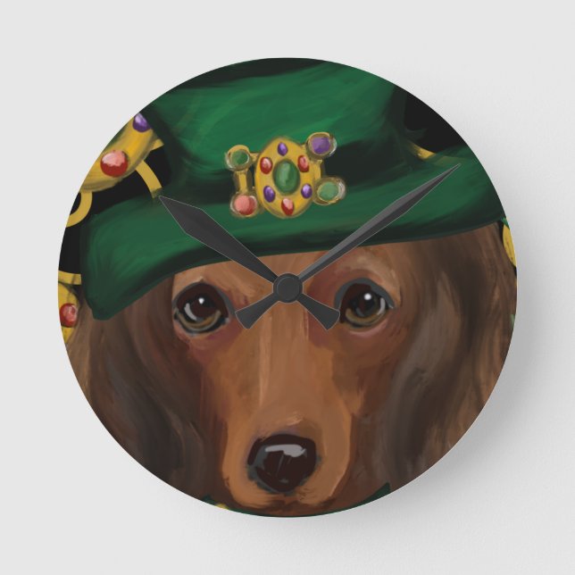 Red Long Haired Dachshund   Round Clock (Front)
