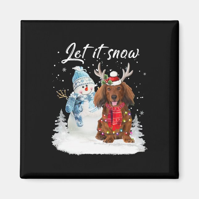 Red Long Haired Dachshund Santa Dog Christmas Snow Magnet (Front)