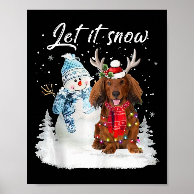 Red Long Haired Dachshund Santa Dog Christmas Snow Poster (Front)