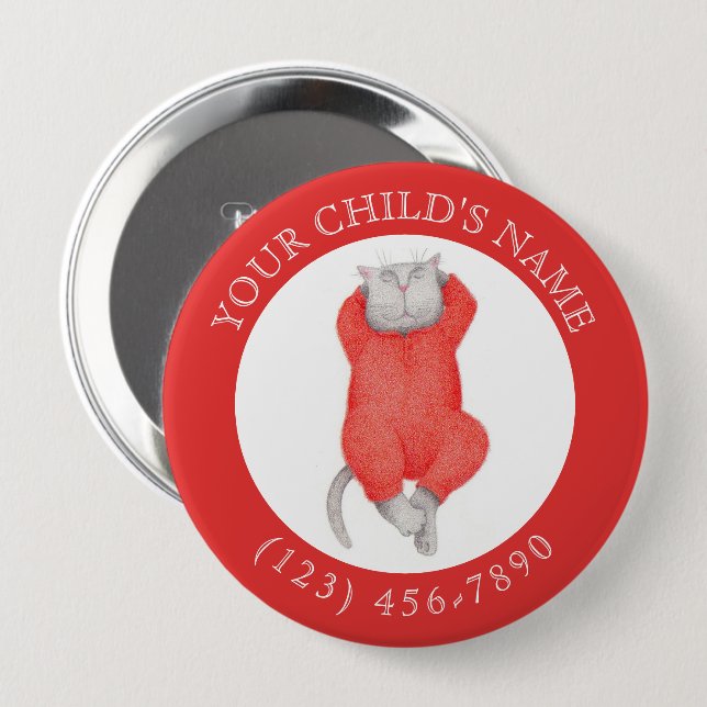 RED LONG JOHNS CAT Child ID Button - Red (Front & Back)