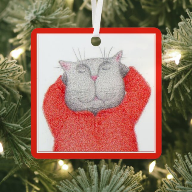 RED LONG JOHNS CAT Metal Square Ornament (Insitu)