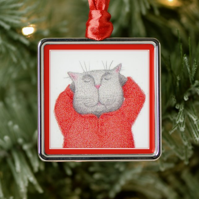 RED LONG JOHNS CAT Premium Square Ornament (Tree)