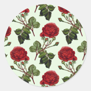 Red Long Stem Rose Pattern Green Background Classic Round Sticker