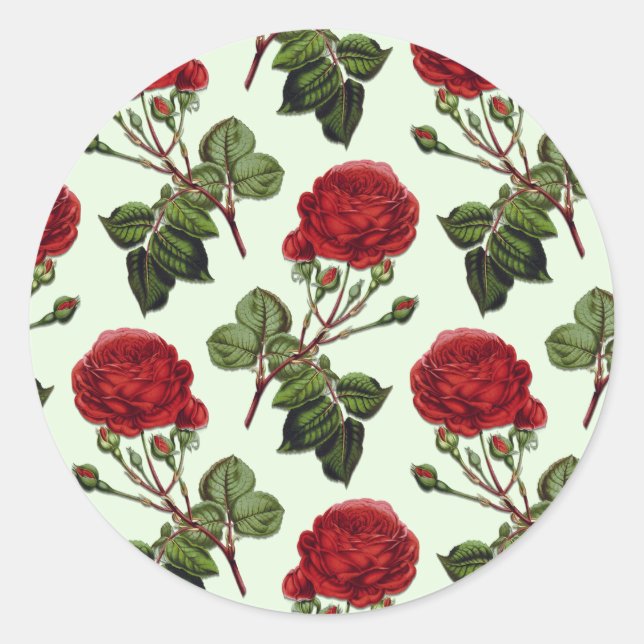 Red Long Stem Rose Pattern Green Background Classic Round Sticker (Front)