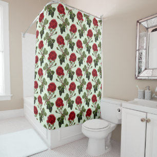 Red Long Stem Rose Pattern Green Background Shower Curtain