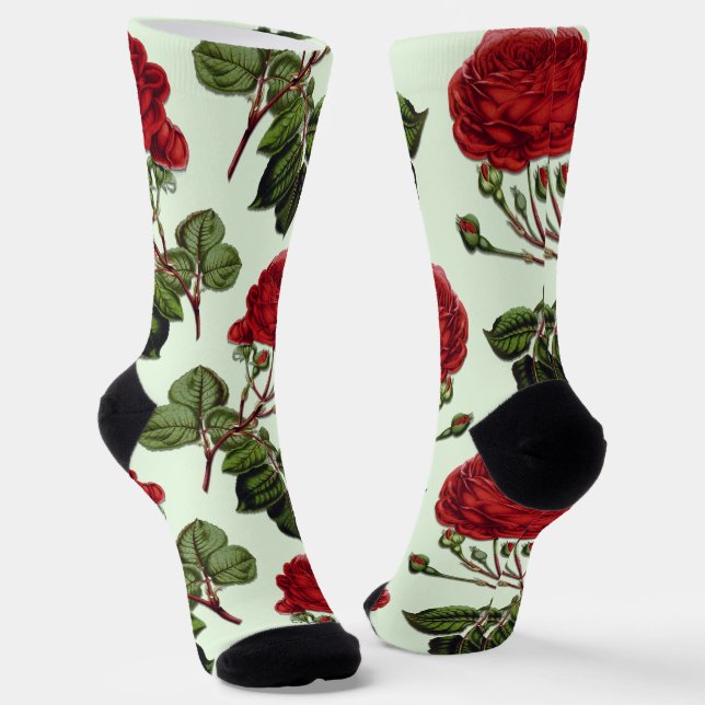 Red Long Stem Rose Pattern Green Background Socks (Angled)