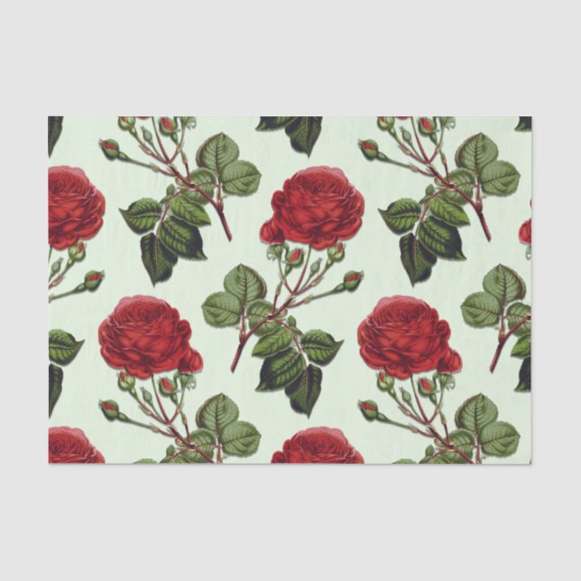 Red Long Stem Rose Pattern Green Background Tissue Paper (Front)